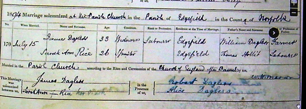 Sarah Ann Rice (Long Sal) and James Dagless' Marriage Certificate - 15th July 1894