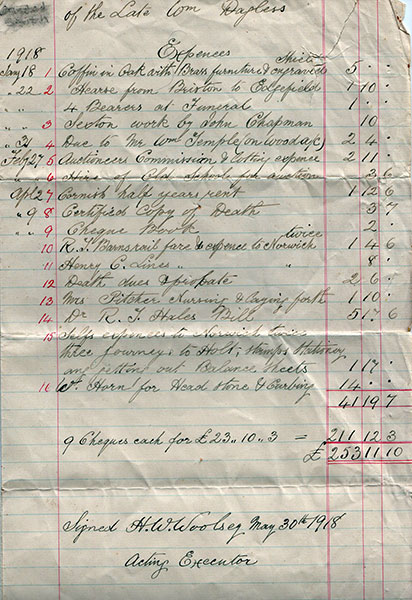 William Dagless' funeral expenses and final accounts - 1918